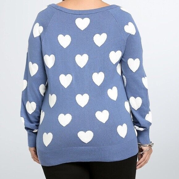 NWT Torrid Heart Print Sweater Blue White Wide Crew Neck Women's Plus Size 2 2X - Picture 6 of 12